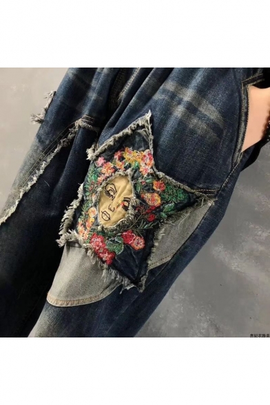Womens Tribal Print Funny Star Floral Face Embroidery Baggy Blue Jeans