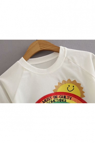 Cartoon Sun Vintage Letter Rainbow Embroidery Round Neck White Cropped Tee