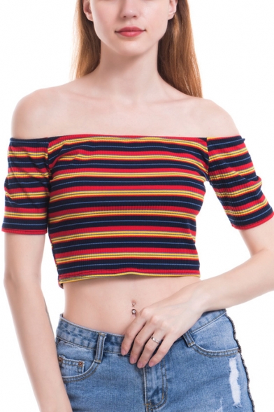 Colorful Striped Off The Shoulder Short Sleeve Cropped Tee