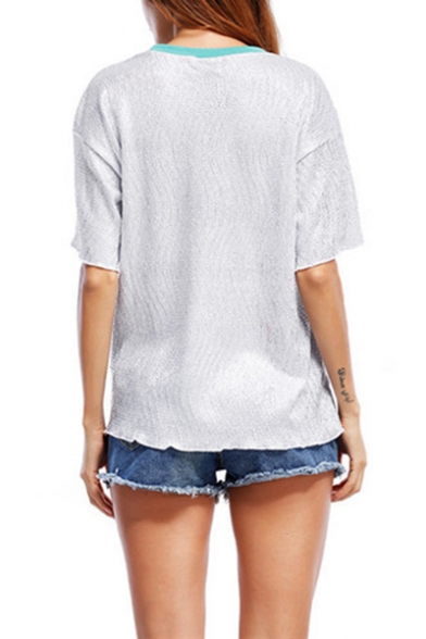 Contrast Round Neck Short Sleeve ZERO Letter Casual Tee for Women