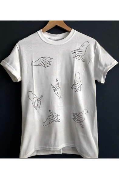 Cool Allover Fingers Gesture Printed Basic Short Sleeve Cotton White Tee