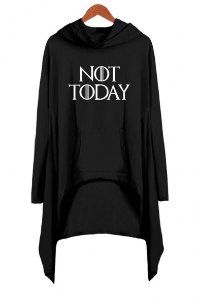 Cool Simple Letter NOT TODAY Long Sleeve Hooded Asymmetrical Dress