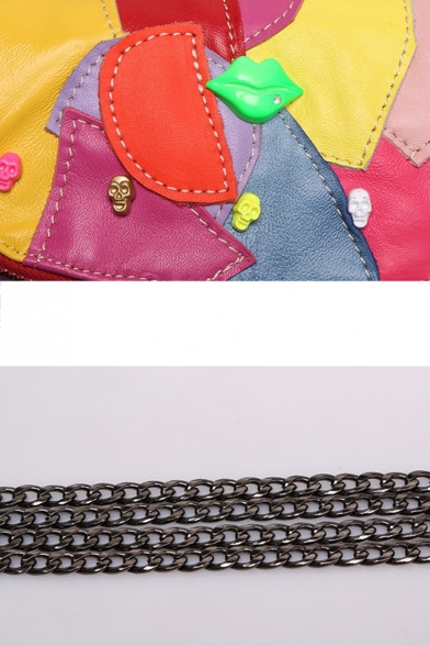 Fashion Color Block Multicolor Genuine Leather Patched Crossbody Sling Bag 21*17*3 CM