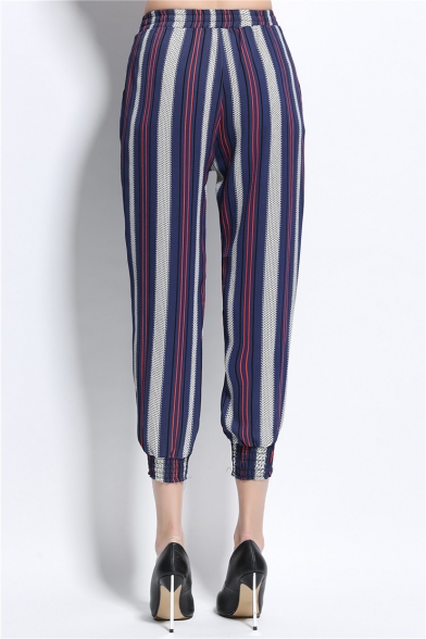 Fashion Vertical Stripe Printed Womens Casual Cropped Pants