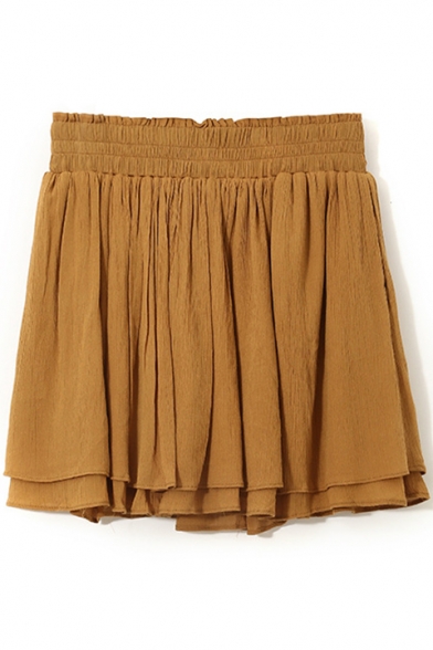 Girls Basic Solid Color Elastic Waist High Rise Khaki Mini Pleated Skirt