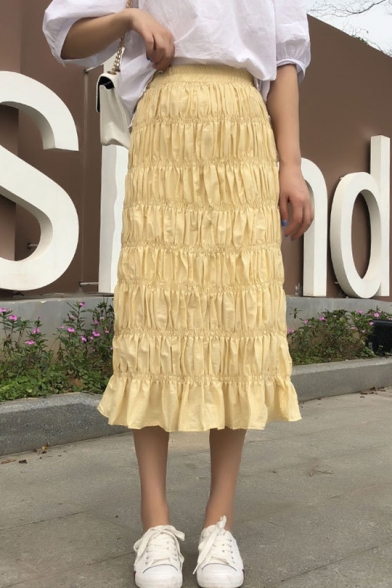 Girls Summer Vintage Solid Color Ruched Detail Ruffle Hem Midi A-Line Skirt