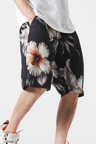 Guys New Trendy Floral Printed Quick Drying Loose Fit Beach Swim Trunks