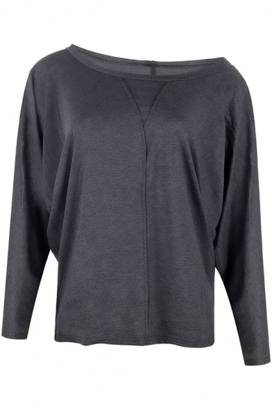Hot Fashion Solid Color Long Sleeve Round Neck Batwing Relaxed T-Shirt