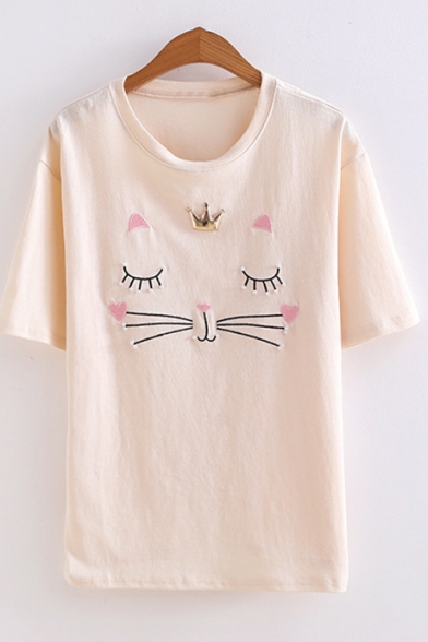 Lovely Cartoon Cat Embroidery Short Sleeve Relaxed T-Shirt