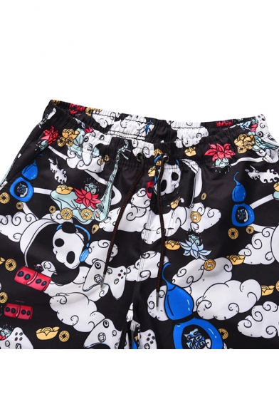 Lovely Cartoon Panda Pattern Men's Summer Black Beach Swim Trunks