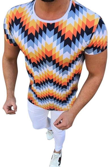 Men's Fashion Geometric Print Round Neck Short Neck Fitted T-Shirt