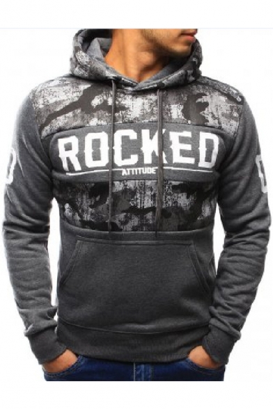 Mens Cool Simple Letter ROCKED Camo Patched Long Sleeve Slim Fit Grey Hoodie