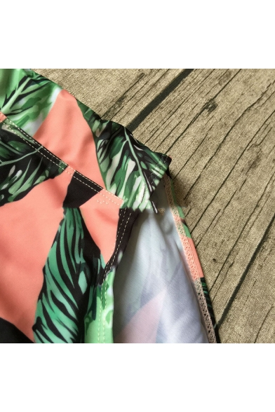 New Arrival Leaf Printed Crisscross Open Back Spaghetti Straps Pink One Piece Swimwear