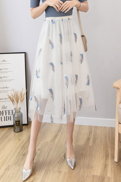 New Fancy Feather Embroidery High Rise Midi A-Line Gauze Mesh Skirt