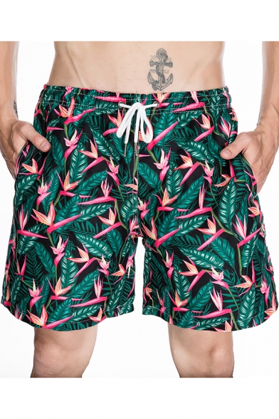 New Fashion Summer Green Tropical Leaf Print Mens Holiday Casual Quick Dry Swim Shorts