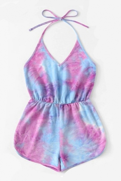 New Fashion Tie Dye Printed Halter Neck Womens Summer Holiday Beach Romper