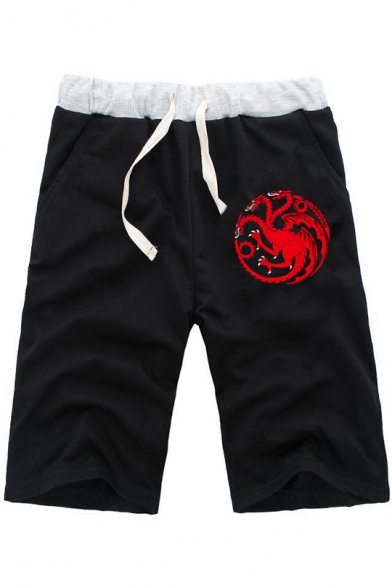 New Stylish Dragon Logo Printed Drawstring Waist Summer Black Athletic Shorts for Guys