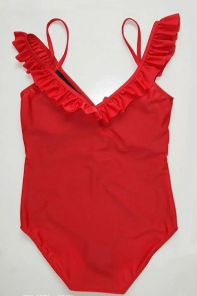New Stylish Ruffle Hem Ruched Detail Solid Color One Piece Swimsuit for Women