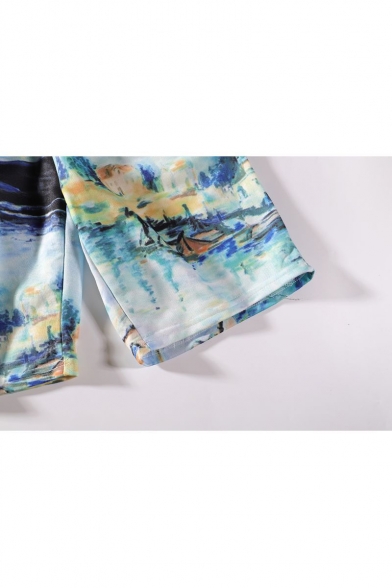 New Trendy Graffiti Painting Drawstring Waist Light Blue Cotton Swim Shorts