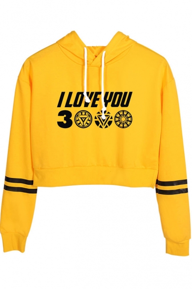 New Trendy Letter I Love You 3000 Stripe Long Sleeve Pullover Drawstring Cropped Hoodie