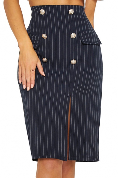 Office Lady Fashion Blue Stripe Printed Button Front Slit Side Knee Length Pencil Skirt