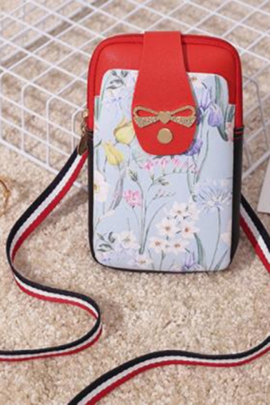 Popular Floral Printed Bow Embellishment Striped Strap Black and Red Crossbody Phone Wallet 10.5*2.5*18.5 CM