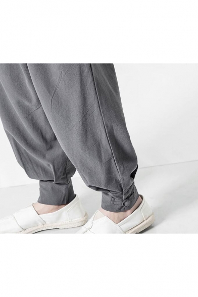 Spring and Summer Chinese Style Men's Baggy Carrot Fit Trousers Blommers with Drawstring