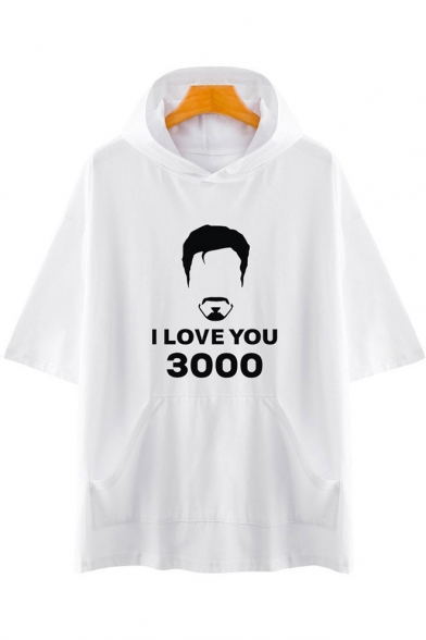 Summer Basic Simple Short Sleeve Figure Letter I Love You 3000 Hooded T-Shirt