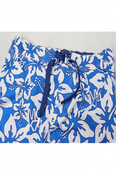 Summer Blue Tropical Plants Printed Fashion Flap Pocket Side Loose Cotton Swim Trunks