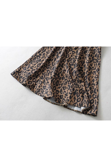 Summer Chic Khaki Leopard Printed Round Neck Short Sleeve Mini A-Line Dress
