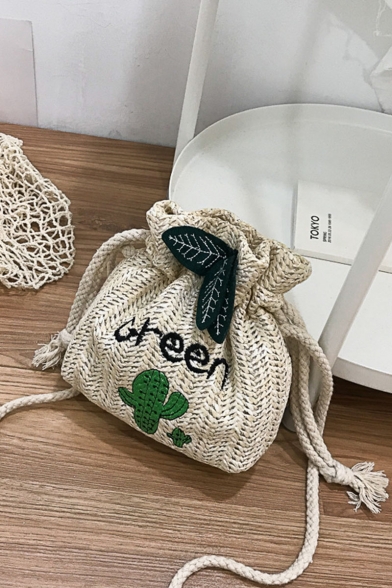 Summer Fashion Cactus Letter Embroidery Leaves Decoration Straw Drawstring Crossbody Bag 19*7*17 CM