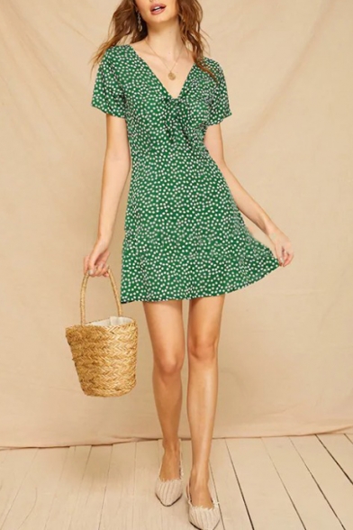 Summer Fashion Dark Green Polka Dot Printed Bow-Tied V Neck Short Sleeve Mini A-Line Dress