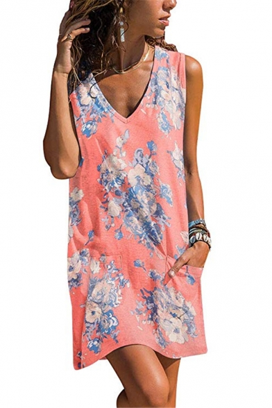 Summer Hot Fashion Floral Printed V-Neck Sleeveless Mini Tank Dress with Pocket