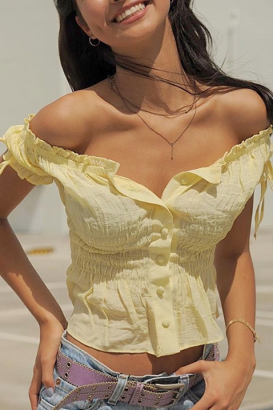 Summer Hot Popular Ruffled Hem Bow-Tied Short Sleeve Button Front Pleated Yellow T-Shirt