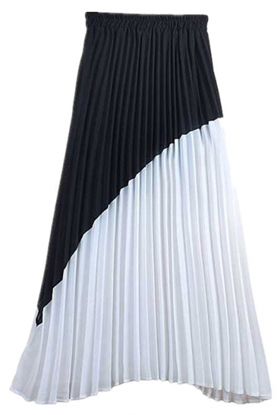Summer New Fancy Colorblock Patchwork Maxi Pleated Chiffon Skirt