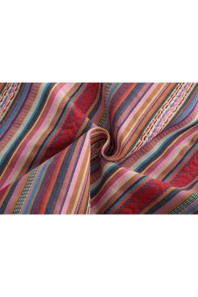 Summer Trendy Stripe Printed Bow-Tied Waist Button Front Mini A-Line Linen Skirt