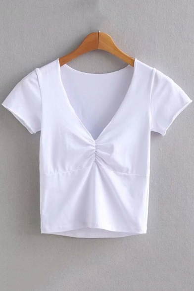 Summer Unique Ruched Front V-Neck Short Sleeve Slim Fit T-Shirt
