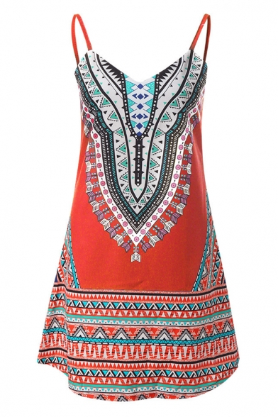 Summer Unique Tribal Printed V-Neck Sleeveless Mini Strap Dress Beach Dress
