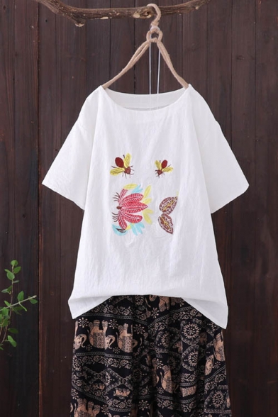 Summer Vintage Cartoon Floral Embroidery Round Neck Relaxed Linen T-Shirt