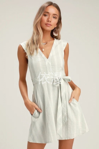Summer Women's Fashion Stripe Printed V-Neck Sleeveless Cutout Back Tie Waist Mini A-Line White Dress