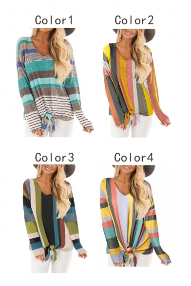 Trendy Colorful Striped Printed V-Neck Long Sleeve Tied Hem Womens Casual Tee