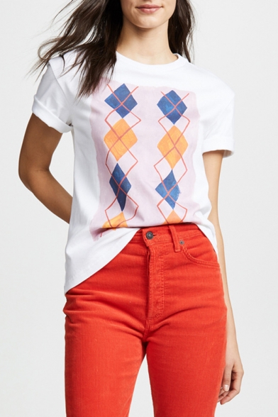 Trendy Geometric Printed White Round Neck Short Sleeve Tee