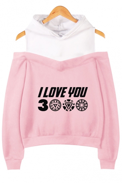 Trendy Letter I Love You 3000 Cold Shoulder Fake Two-Piece Casual Loose Hoodie