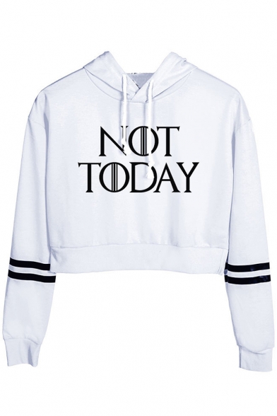 Trendy Letter NOT TODAY Striped Long Sleeve Cropped Drawstring Hoodie