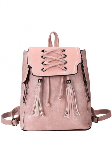 Trendy Solid Color Crisscross Tie Tassel Designed PU Leather College Bag Casual Backpack 25*16*29 CM