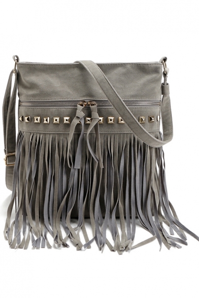 Trendy Solid Color Zipper Rivet Embellishment Fringe Crossbody Shoulder Bag 27*29 CM