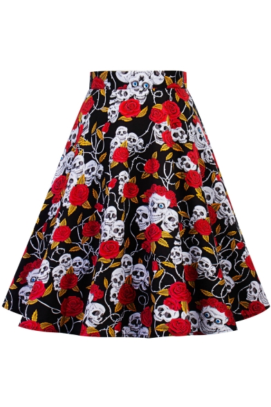 Vintage Black Skull Floral Pattern High Rise Midi Swing Skirt