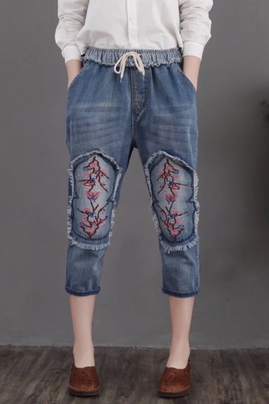 

Vintage Distressed Floral Embroidery Drawstring Waist Cropped Blue Jeans, LM517220