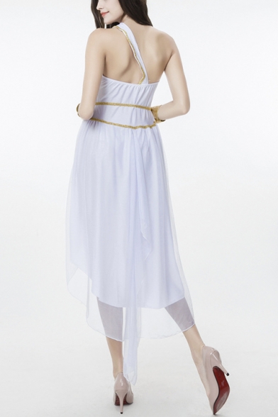 White Greek Goddess Cosplay Costume One Shoulder Cutout High Low Swing Dress