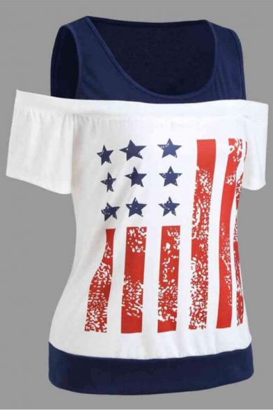Women Fashion Flag Print Cold Shoulder Fake two pieces Cotton T-shirt
